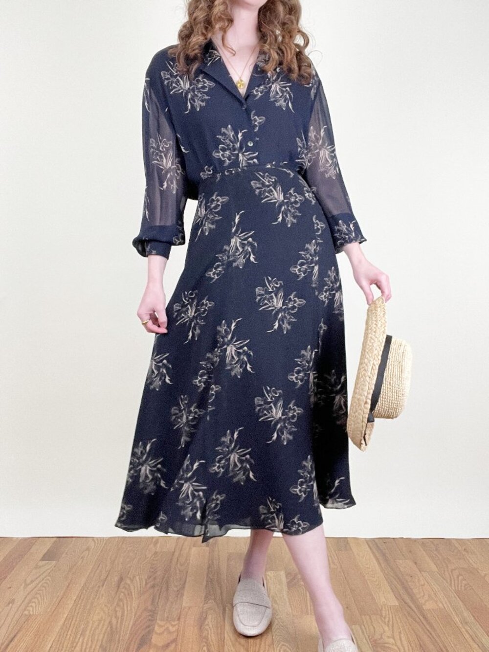 Vintage 100% Silk Whimsigoth Floral Matching Midi Skirt Set Blouse Dress 90s Y2K
